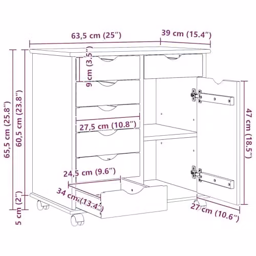 vidaXL Rolling Cabinet in Black Solid Pine Wood W/D/H: 63.5 x 39 x 65.5 cm – 3
