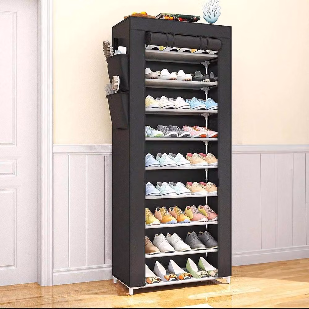 VOGREX 10 Layer Shoe Rack with Dust Cover and Metal Frame in Black – 3