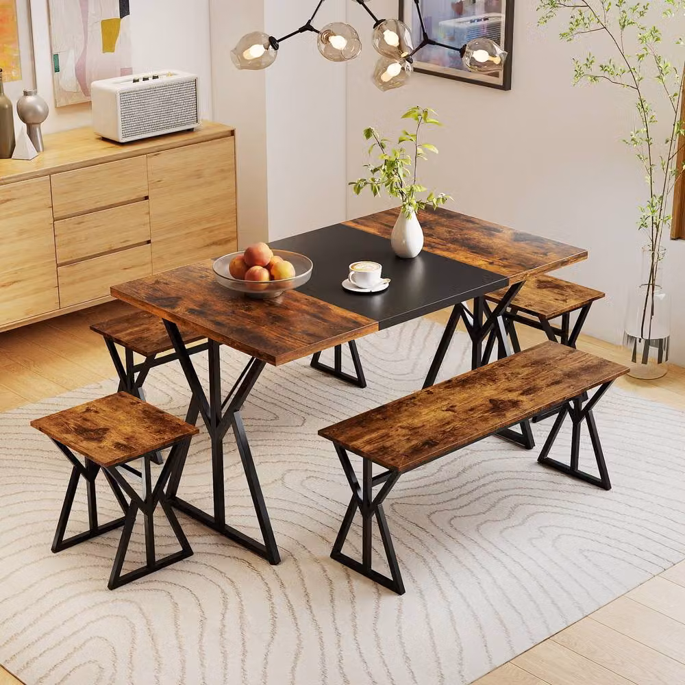 Costway 5-Piece Industrial Dining Room Set with Rectangular Table, 2 Benches and 2 Stools in Brown – 3