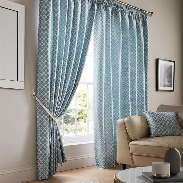 Luxury Living Modern Geometric Two-Tone Jacquard Pencil Pleat Taped Curtains in Petrol, Width: 229 cm, Drop: 229 cm