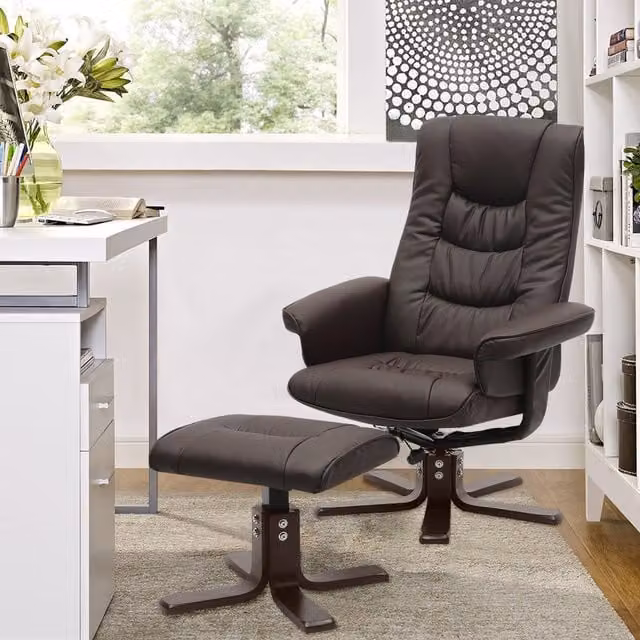 Livingandhome Brown PU Leather Swivel Recliner Chair with Footstool