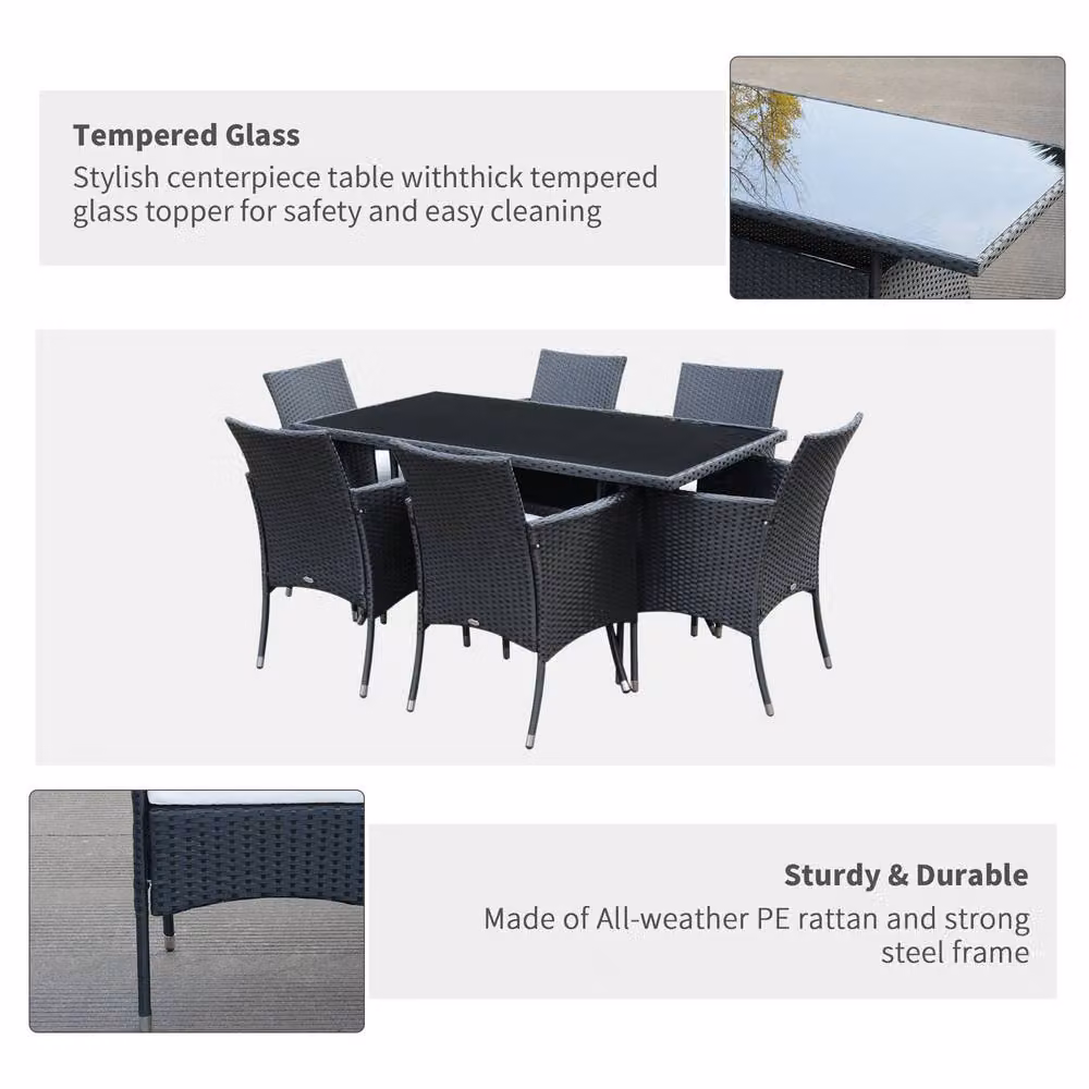 STILVORA 7-Piece Modern Dining Set in Black with Metal and Rattan Details – 4