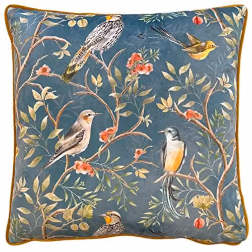 Riva Home Wylder Tropics Orient Chinoiserie Birds Printed Velvet Cushion in Dark Blue, W/D/H: 43 x 43 x 43 cm