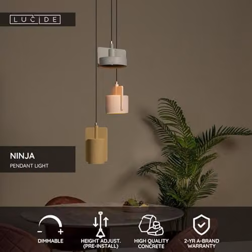 Lucide Ninja Multicolour Industrial Pendant Light with Concrete and Metal Finish, 3 x E27, Height Adjustable – 2