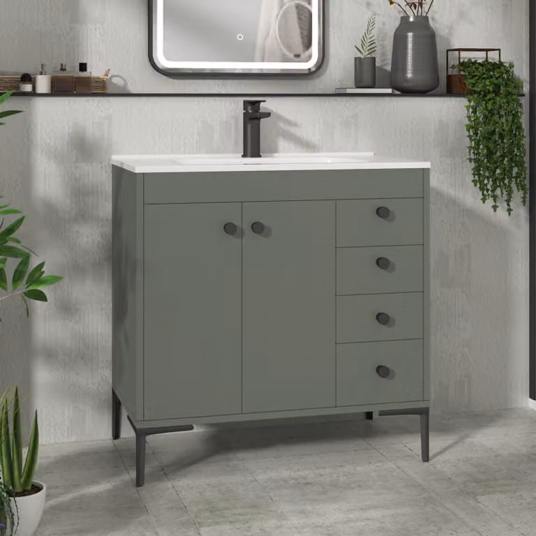 Royal Bathrooms Verona Matt Green Floor Standing Bathroom Vanity Unit with Ceramic Basin, 2 Doors and 4 Drawers
