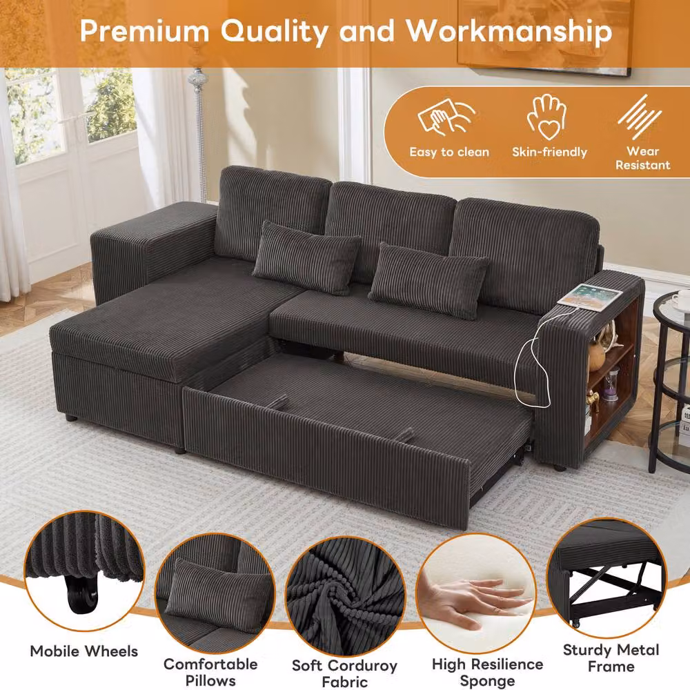 Rolipo Modern L-Shaped Reversible Corduroy Sofa Bed with Storage and USB Charging, Grey – 4