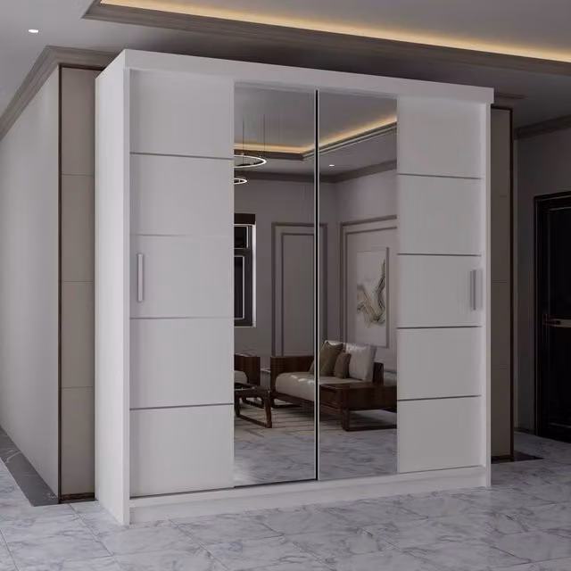 MN Furniture Modern White Wardrobe with Sliding Mirror Doors and Integrated LED Lighting W/H: 150 x 217 cm