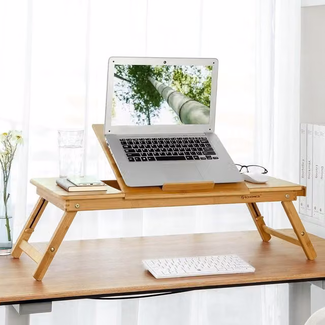 SONGMICS Bamboo Foldable Laptop Desk with Drawer, Height Adjustable and Tilting Top in Natural Brown – 1