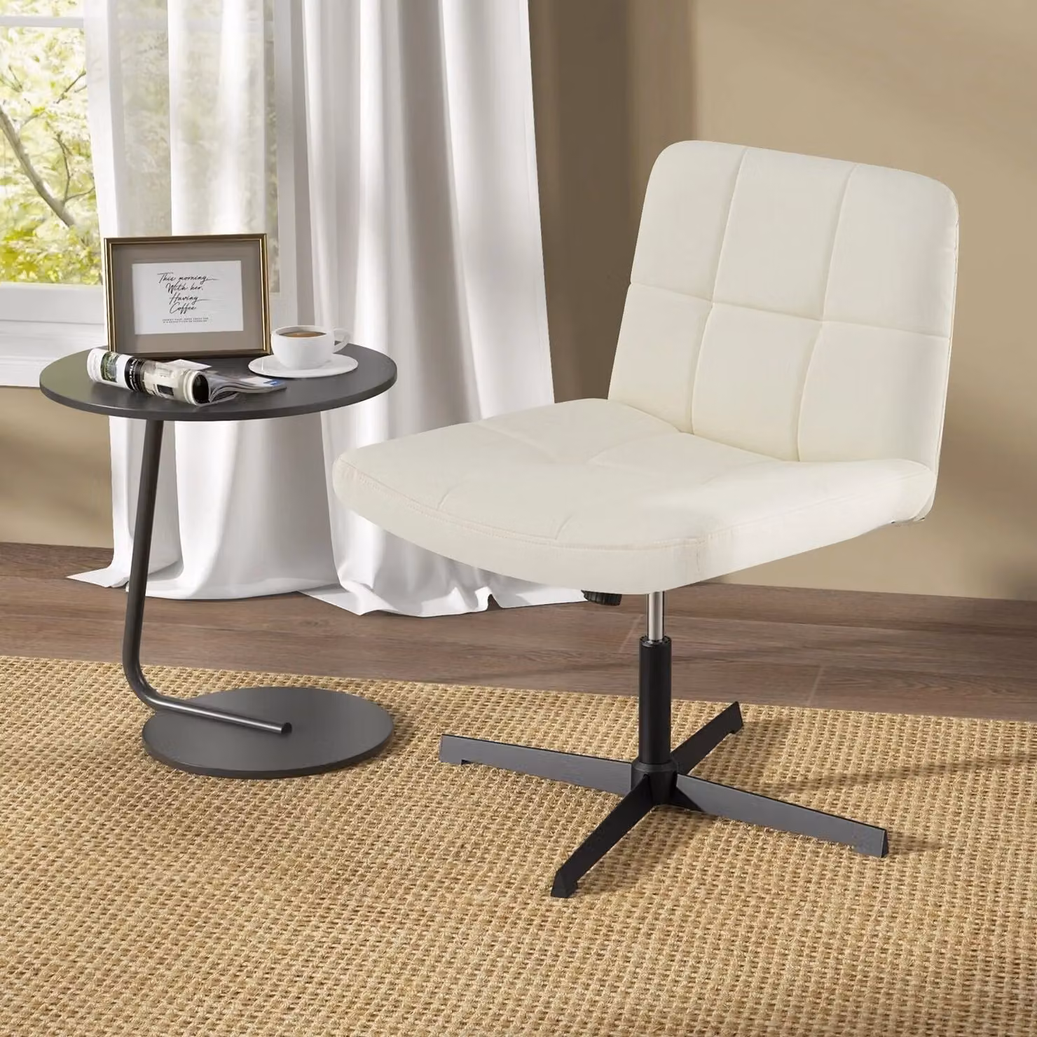 Costway Modern Criss Cross Armless Desk Chair in Beige PU Leather – 2
