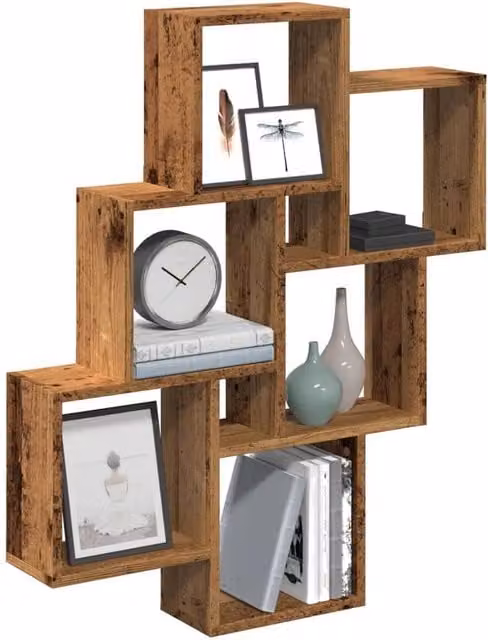 Berkfield Home Wall Cube Shelf in Old Wood Brown, W/D/H: 78 x 15 x 93 cm