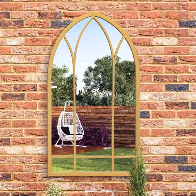 MirrorOutlet Arcus Modern Outdoor Arch Garden Wall Mirror in Gold