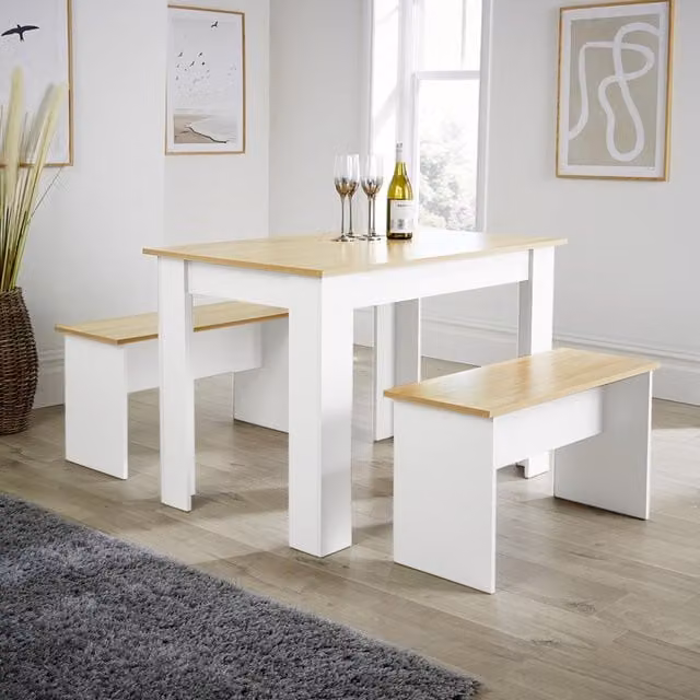 Home Source Wooden Dining Set with Table and Benches in White and Grey Two Tone