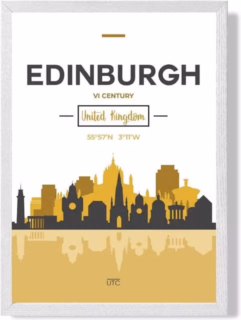 ARTZE Edinburgh City Skyline Framed Print, Yellow and Black with White Frame, A3