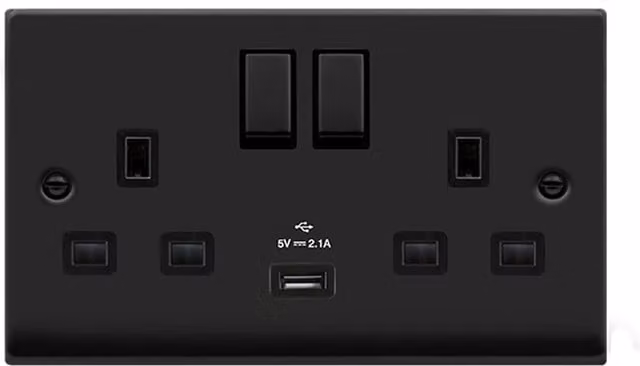 SE HOME Black 2 Gang 13A DP Ingot 1 USB Twin Double Switched Surface Plug Socket