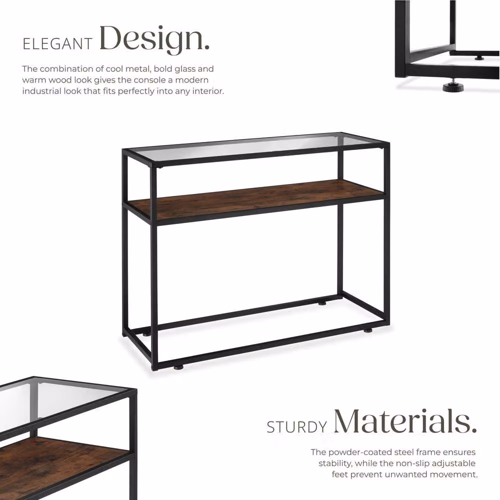 tectake Kilkenny Industrial Console Table with Glass Top and 2 Shelves in Dark Brown and Black – 3