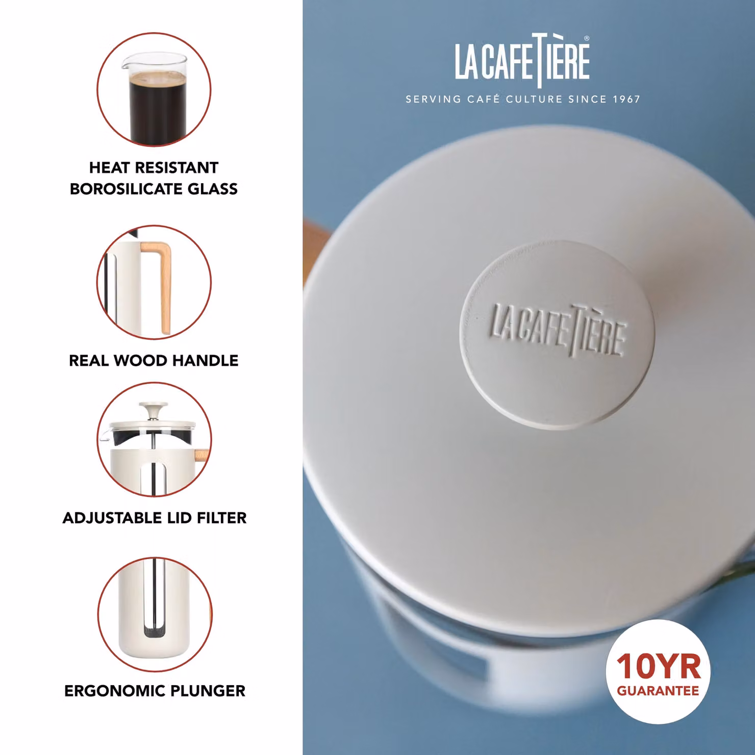 La Cafetiere Pisa Stainless Steel and Glass Cafetiere, 8 Cup, Silver and Beige – 3