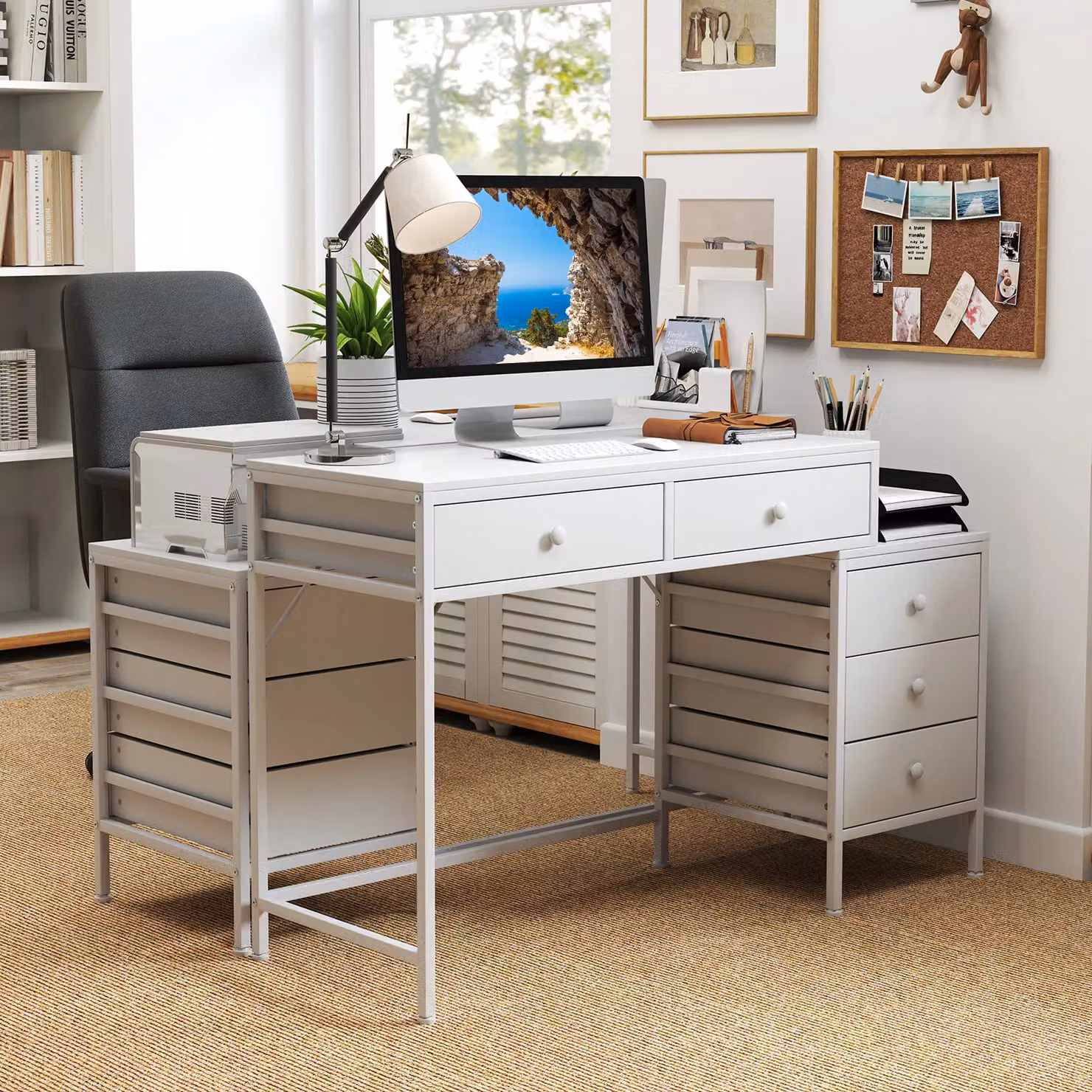 Costway Home Office Computer Desk with Side File Cabinet and 5 Drawers in White – 4