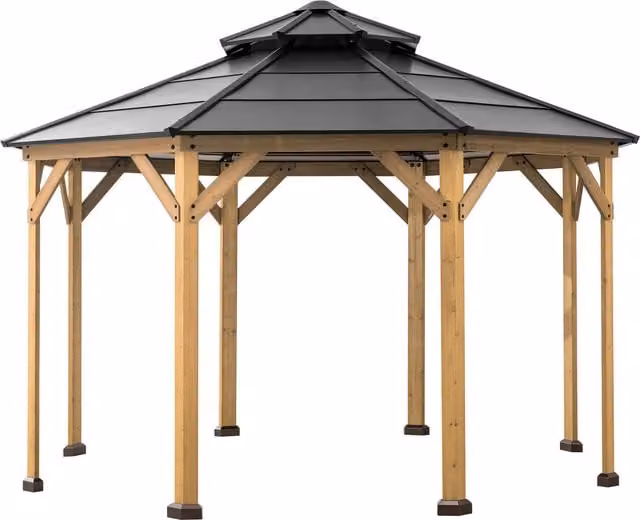 Sunjoy Rustic Cedar Wood and Metal Framed Hip Roof Gazebo in Sand and Black, W: 393 cm, D: 393 cm