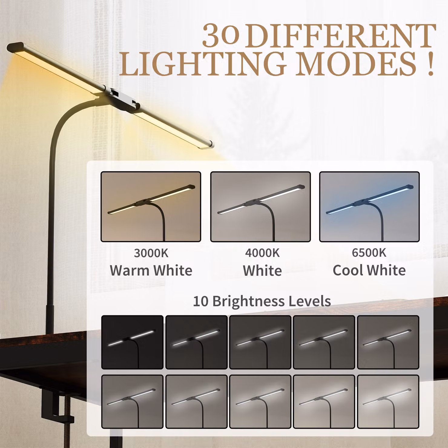 HOMCOM LED Desk Lamp with Clamp, Double Head Table Lamp with 3 Colour Modes, 10 Brightness Levels, Flexible Gooseneck, Timer and Memory Function, Black – 4