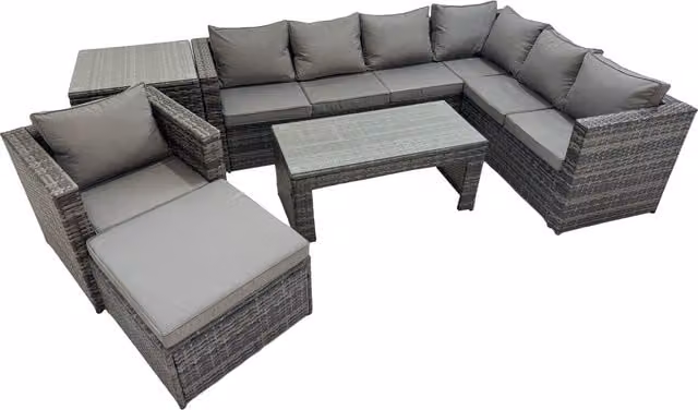 Fimous 8-Seater Outdoor PE Rattan Corner Sofa Set with Tempered Glass Coffee Table and Cushions in Dark Grey Mixed Rattan and Dark Grey Fabric