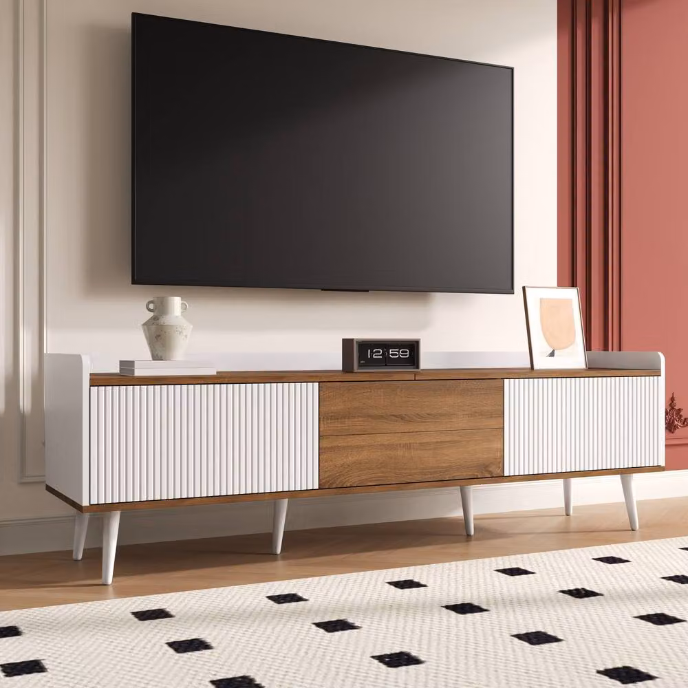 BTM 3-Door TV Stand in White and Wood, W: 160 cm, H: 49.5 cm, D: 39 cm – 5