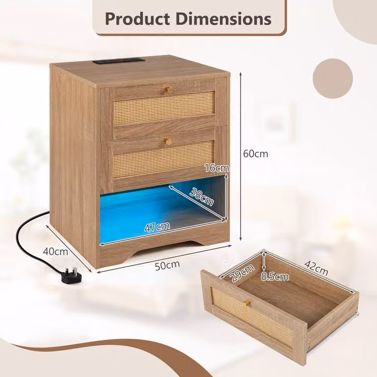 Gymax 2 Pack Rattan Bedside End Tables with Charging Station and LED Light Strip in Beige