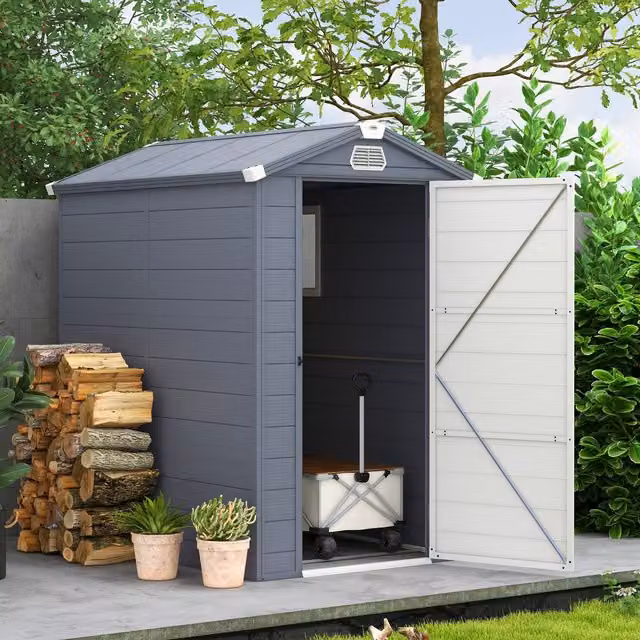 Outsunny Grey Garden Shed with Foundation Kit, Lockable Single Door and Window, Height: 190 cm