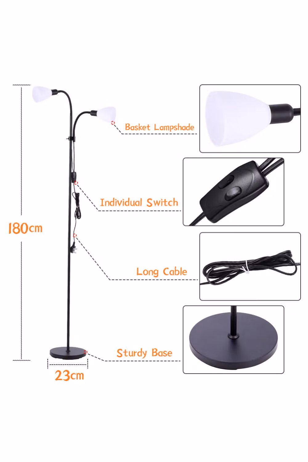 Living and Home Modern 2 Head Adjustable Standing Floor Lamp in Black and Multicolour – 2
