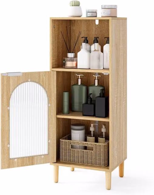 Costway Freestanding Wooden Bathroom Floor Cabinet with Glass Doors and Internal Shelves in Sand