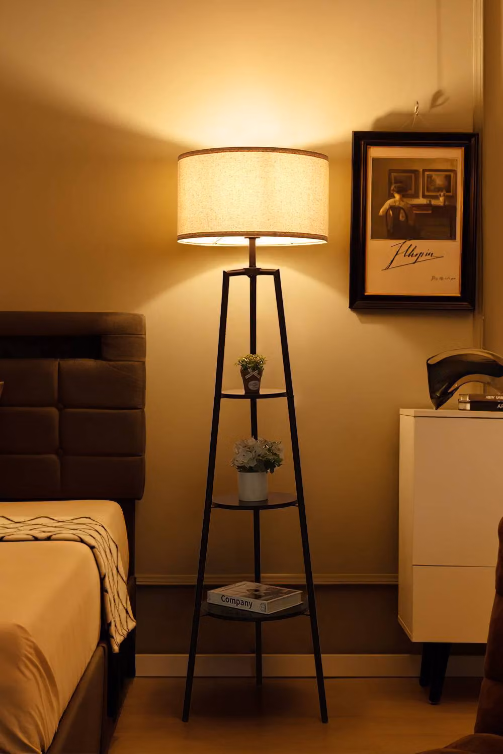 Living and Home Round Shelf Floor Lamp with Fabric Lampshade in Black, H 160 x W 40 x D 40 cm – 2