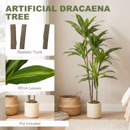 HOMCOM Set of 2 Artificial Dracaena Trees with Bendable Trunks, Green and White, Height: 150 cm – 3