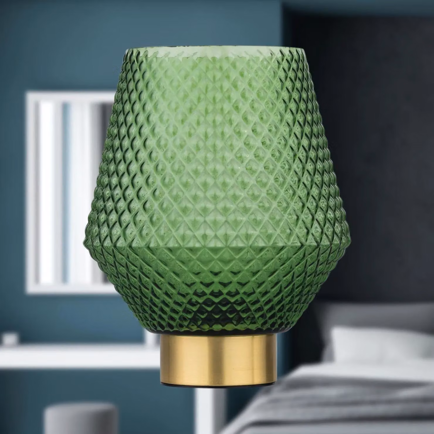 First Choice Lighting Porter Battery Operated Satin Brass Table Lamp with Green Textured Glass – 3