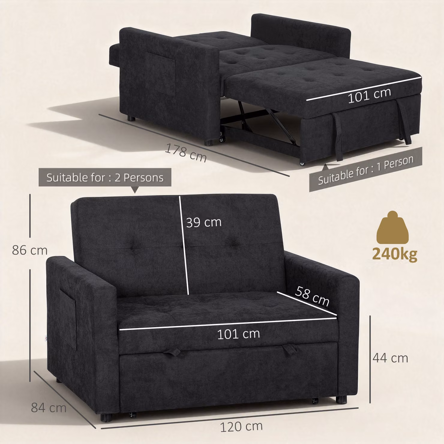 HOMCOM Black Fabric Loveseat Sofa Bed with Click-Clack Sleeping Function and Scatter Cushions – 3