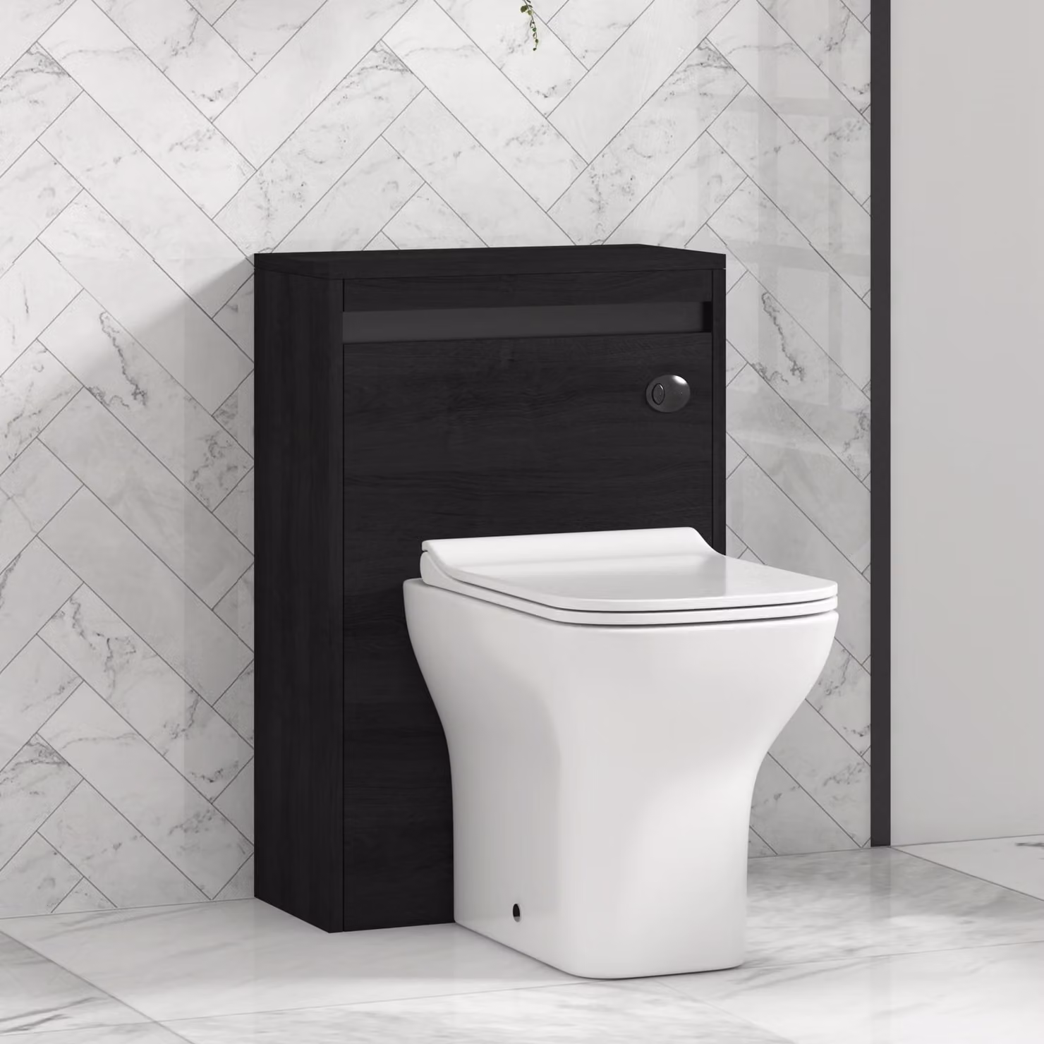 Orion Hale Black BTW WC Unit with Qubix Rimless Toilet Pan, Slim Soft Close Seat and Cistern, White and Black Accent Trim, Width: 54 cm