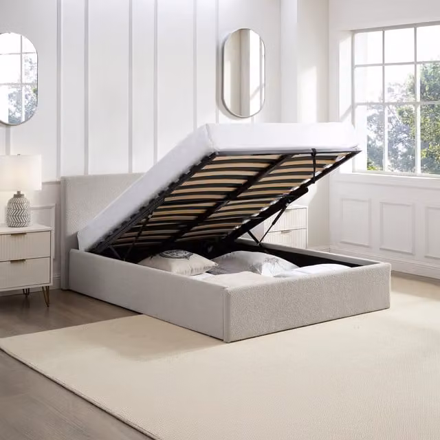 Teddy Boucle Small Double Ottoman Gas Lift Storage Bed in Beige, H: 88.5 cm x W: 138 cm x L: 203 cm