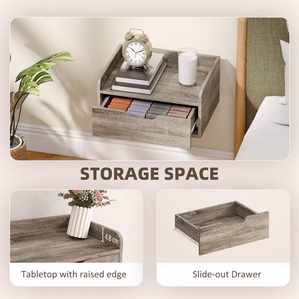 HOMCOM Set of 2 Wall Mounted Floating Nightstands with Drawer in Grey – 2