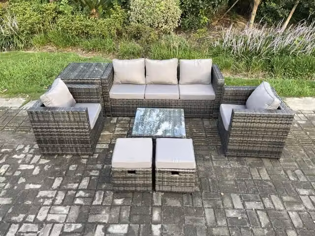 Fimous 7 Piece Rattan Garden Furniture Set in Dark Grey with 3 Seater Sofa, Armchair, Coffee Table and Footstools