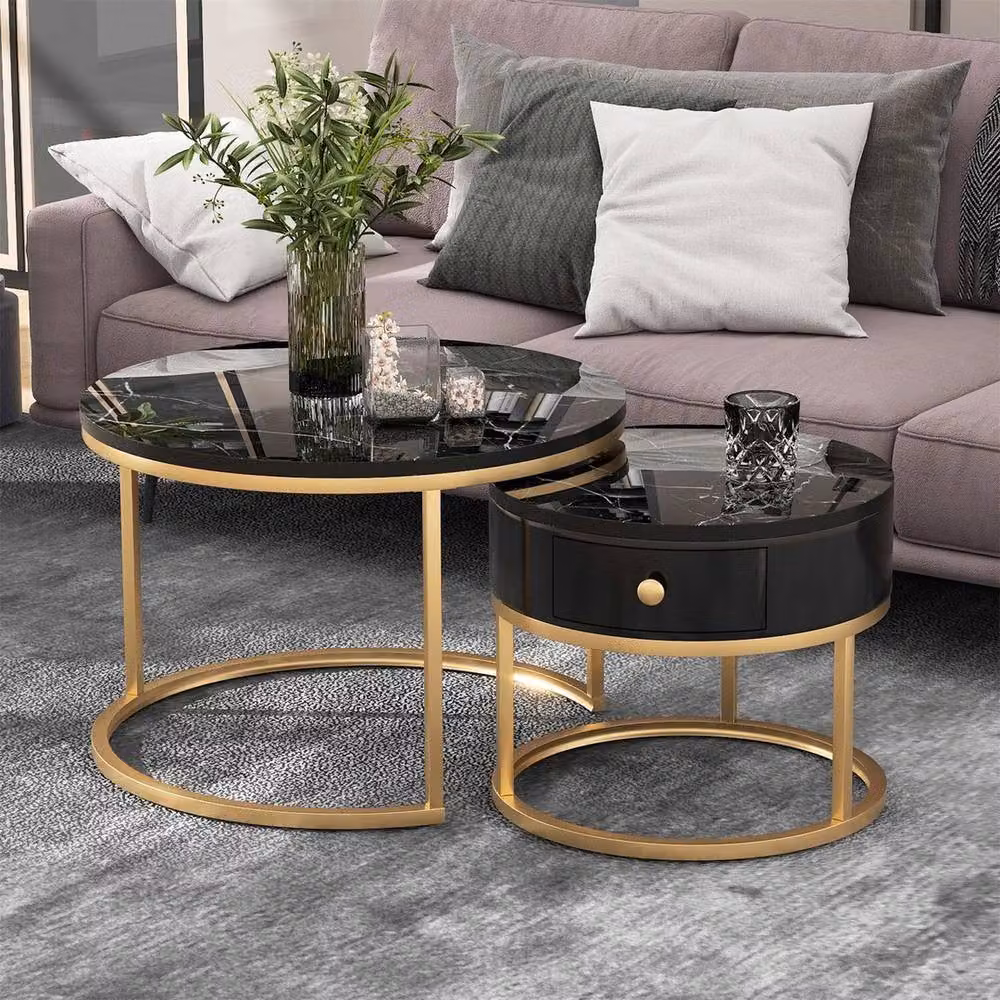 KORVIXA Marble Look Stacking Side Tables with Storage Drawer in Black, W/D/H: 100 x 100 x 48 cm – 4
