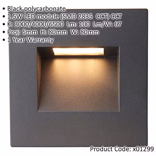 Loops 2 Pack Square Outdoor Pathway Guide Light, Black Polycarbonate Wall Mounted LED Downlight with CCT Colour Changing Technology, IP65 Rated – 2