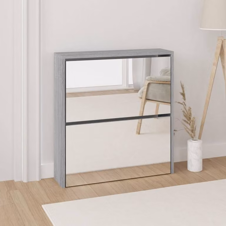 Berkfield Home Modern 2-Layer Shoe Cabinet with Mirror in Grey, W: 63 cm, D: 17 cm, H: 67 cm