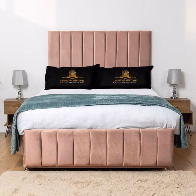 UK Bed Furniture Falcon Divan Bed Base with 26 Inch Headboard in Pink Velvet, Super King, W/D/H: 200 x 200 cm