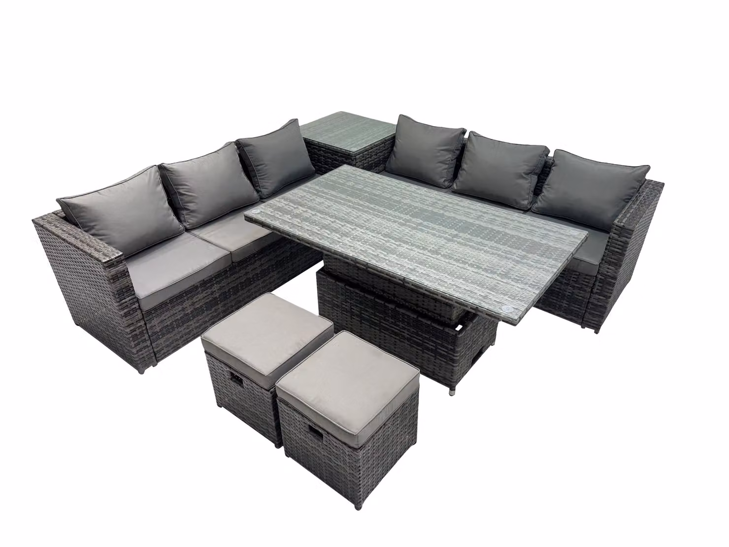 Fimous Dark Grey Mixed Wicker Rattan Corner Sofa Garden Furniture Set with Height Adjustable Rising Table and Footstool – 2