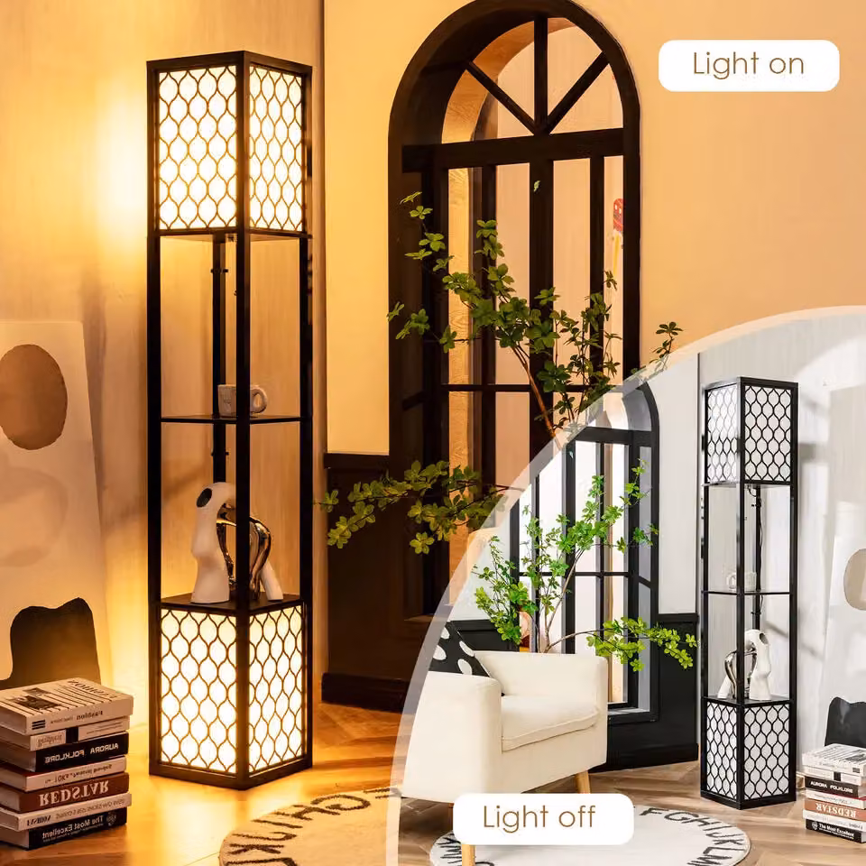 Costway Double Floor Lamp with 2-Tier Storage Shelves, Black and Wood, E27, H 156 x W 26 x D 26 cm – 3
