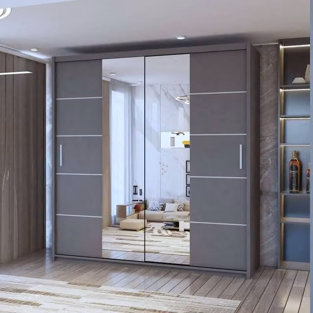 Sliding Wardrobes 4U Eden Double Mirror Sliding Door Wardrobe in Grey, W: 150 cm, H: 217 cm