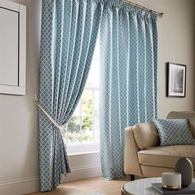 Luxury Living Modern Geometric Two-Tone Jacquard Pencil Pleat Taped Curtains in Petrol, Width: 168 cm, Drop: 229 cm