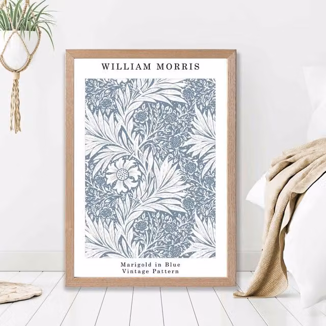 ARTZE William Morris Marigold in Blue Floral Art Print with Oak Frame, A3 – 1