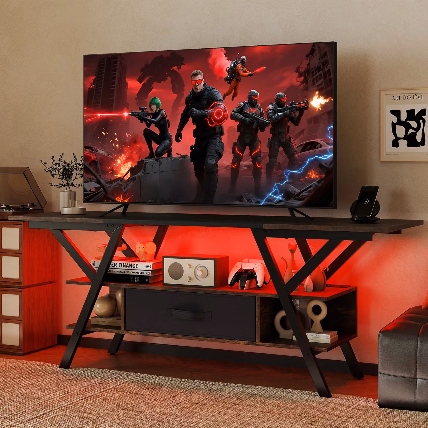 Gymax 3-Tier Industrial TV Stand in Brown with LED Lights and Power Outlets for up to 65 inch TVs – 4