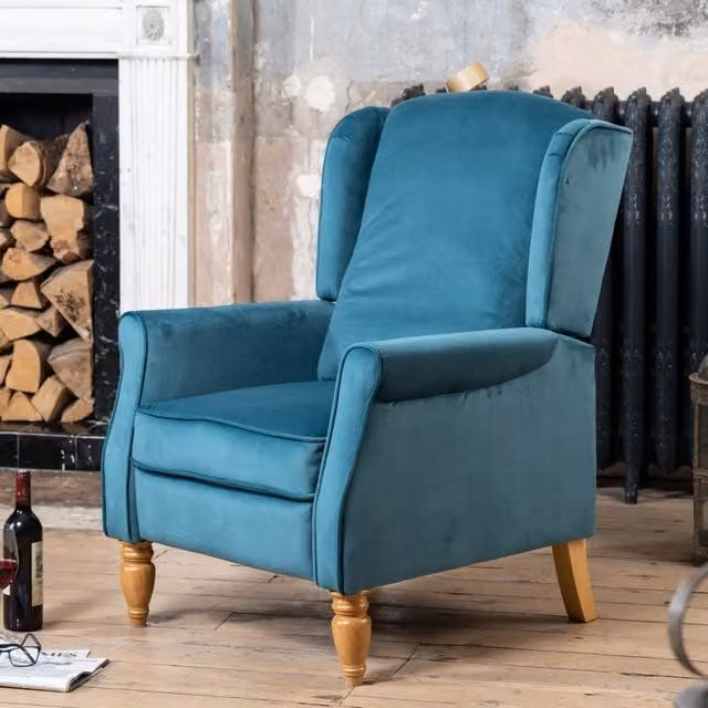 Artemis Home Barksdale Recliner Armchair in Petrol Velvet Fabric with Solid Wood Frame