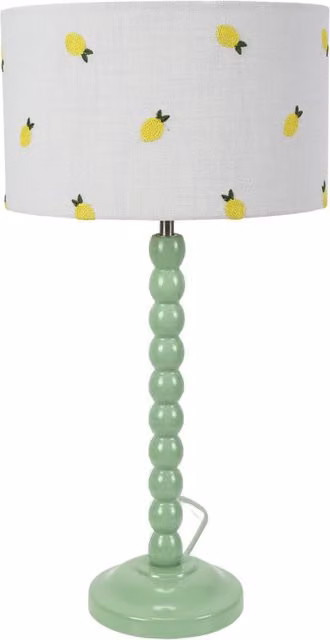 ValueLights Bobbins Table Lamp with Lemon Embroidered Drum Shade in Green and White
