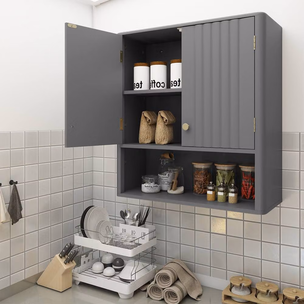 Costway Modern Fluted Double Door Bathroom Wall Cabinet in Grey Matt – 4